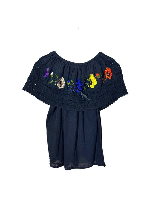 Tops - Black Embroidered Floral Folk Art Top Medium